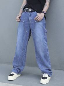 Manfinity EMRG Pantalones de mezclilla con botones y múltiples bolsillos para hombre, uso casual de todos los días - Azul - Ver 3