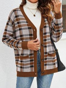 SHEIN LUNE Women's Autumn V-Neck Plaid Button-Up Cardigan Sweater - Multicolor - View 5