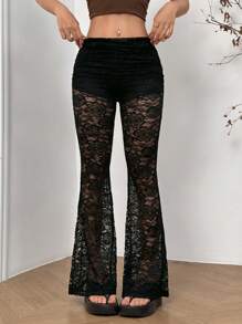 SHEIN EZwear Pantalones acampanados de malla de tela encantadora con aplicaciones de encaje y cintura plegable para mujer de corte slim