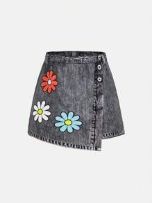 SHEIN Girlism Tween Girl Casual Floral Asymmetrical Hem Skort - Light Grey - View 6