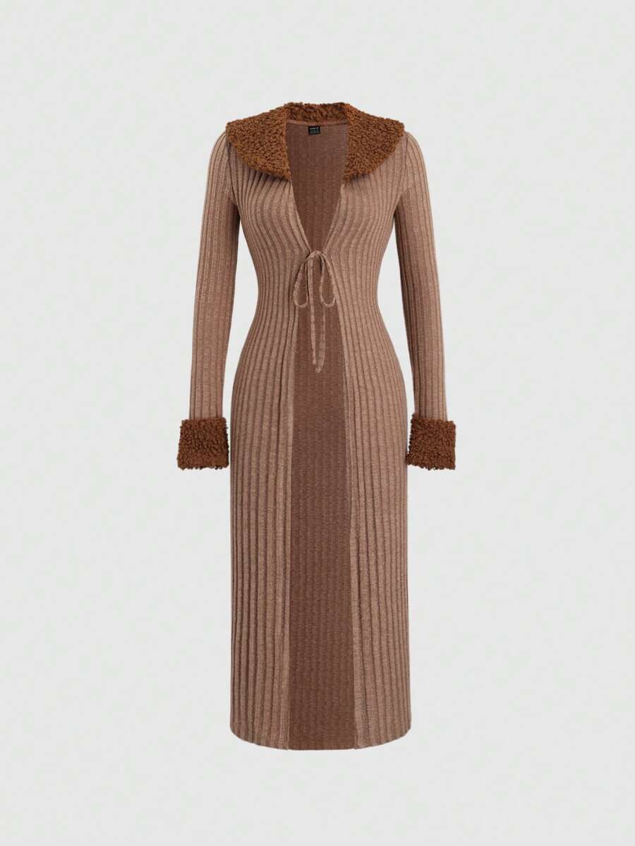 Sweetra 纯色拉绒保暖内衬长款常规夹克 - 鏽棕色 - 查看 1