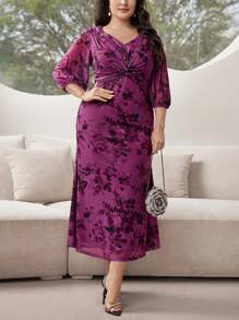 Modelyn Plus Floral Print Twist Front Lantern Sleeve Dress For Summer