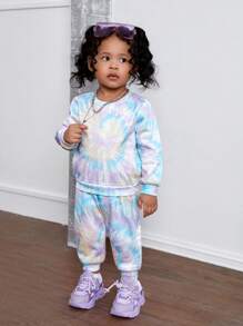 SHEIN Leap Crew NovaGlow 女婴两件套可爱扎染印花长袖卫衣和松紧腰裤套装，加厚抓绒，秋冬款 - 彩色 - 查看 6
