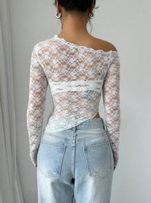 Chiquease Women's Solid Color Lace Asymmetrical Hem Long Sleeve Blouse Fall Cloth For Women - White - View 2