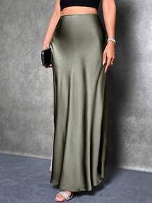Glamine Women's Satin Floor-Length Mermaid Skirt, Versatile Everyday Dress - Green - View 3