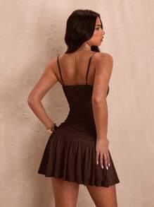 SHEIN BAE Váy xòe xếp ly ôm sát ngọt ngào mùa hè cho nữ - Cà phê nâu - Xem 2