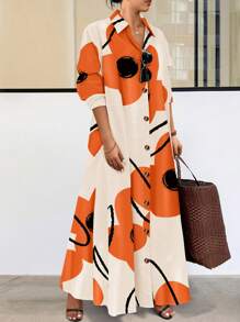 EMERY ROSE Đầm Maxi Tay Dài In Hoa Văn Ngẫu Nhiên Cài Nút Phía Trước Cho Nữ - trái cam - Xem 1