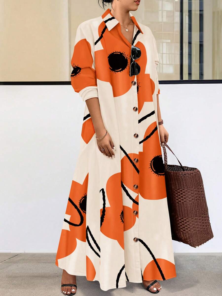 EMERY ROSE Đầm Maxi Tay Dài In Hoa Văn Ngẫu Nhiên Cài Nút Phía Trước Cho Nữ - trái cam - Xem 1