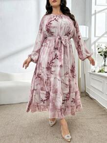 Modelyn Plus Size Round Neck Long Sleeve Allover Print Waist Tie Elegant Dress, Full Cover Dress For Casual Daily/Work/Holiday/Evening Parties/Wedding Guest Long Evening Dresses