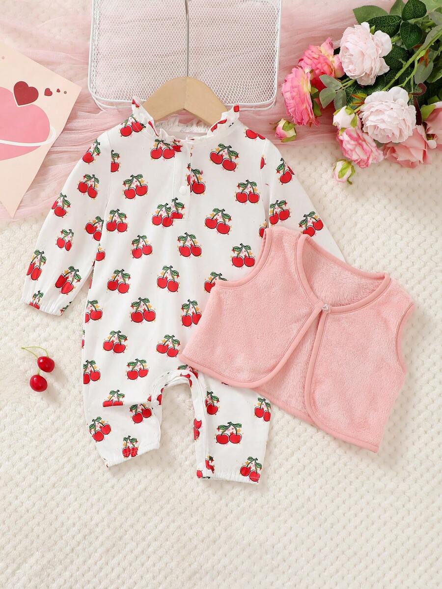 SHEIN 2pcs/Set Baby Girl Cute Digital Cherry Print Ruffled Collar Jumpsuit And Solid Color Fleece Vest Homewear Set - Multicolor - View 1