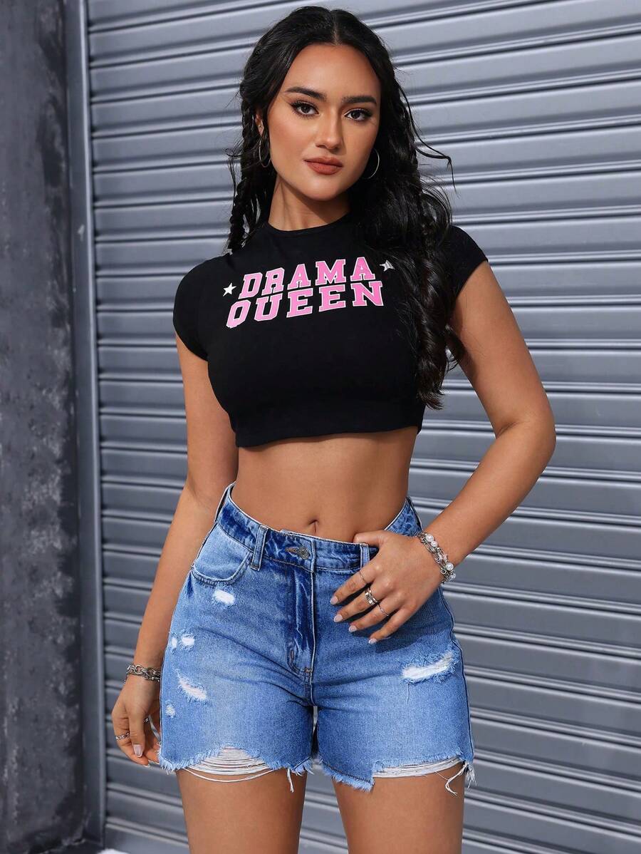 SHEIN EZwear Quần short denim nữ có túi rách viền thường ngày - Rửa trung bình - Xem 1