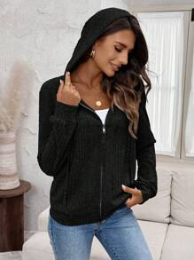 SHEIN LUNE Asymmetrical Brushed Ribbed Grey Zip-Up Hoodie For Women - Black - View 4