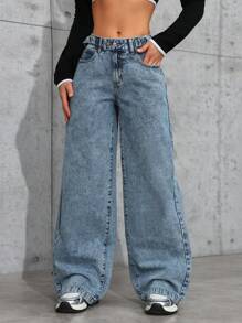 SHEIN EZwear Women Casual Button Waist Belt Pocket Straight Leg Jeans For Street Fashion - Blue - View 3