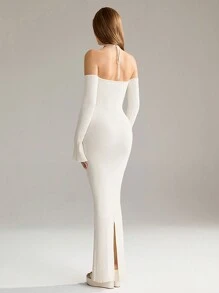 SHEIN Unity 女士纯色挂脖长袖扭结简约开衩后背毛衣连衣裙