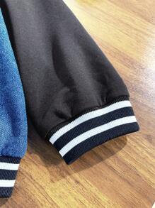 SHEIN Young Boy Fashion Casual Striped Border Black Knit Long Sleeve Spliced Blue Cowboy Baseball Jacket For Dailywear And Fall Boys Clothes