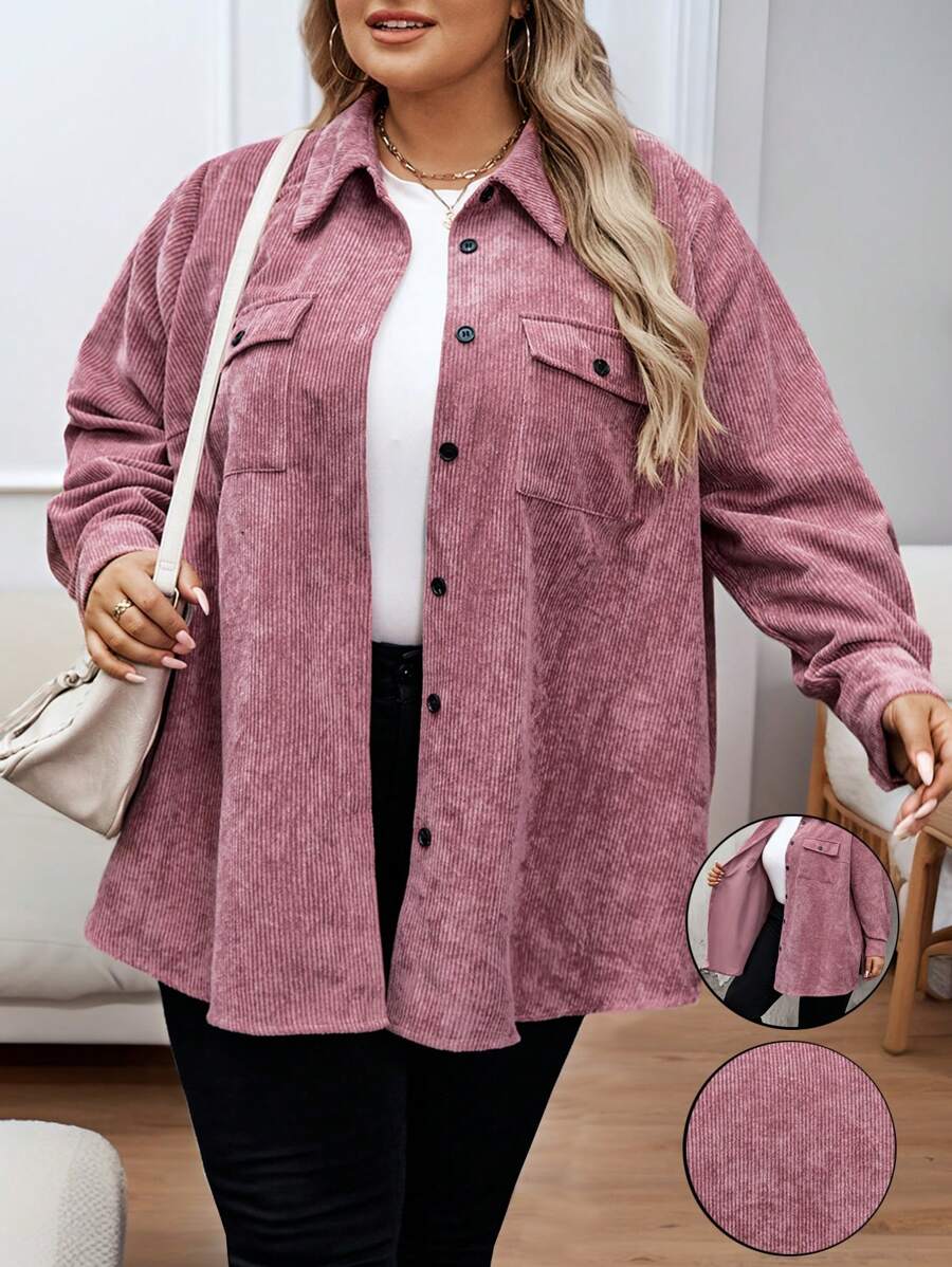 SHEIN CURVE+ 加大码前口袋灯芯绒衬衫，秋季女装 - 藕粉色 - 查看 1
