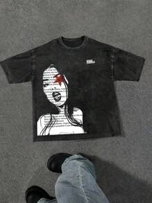 GENIUS ODE 男士休闲口号和人物图案印花圆领短袖 T 恤，夏季，送给朋友 - 黑色 - 查看 1