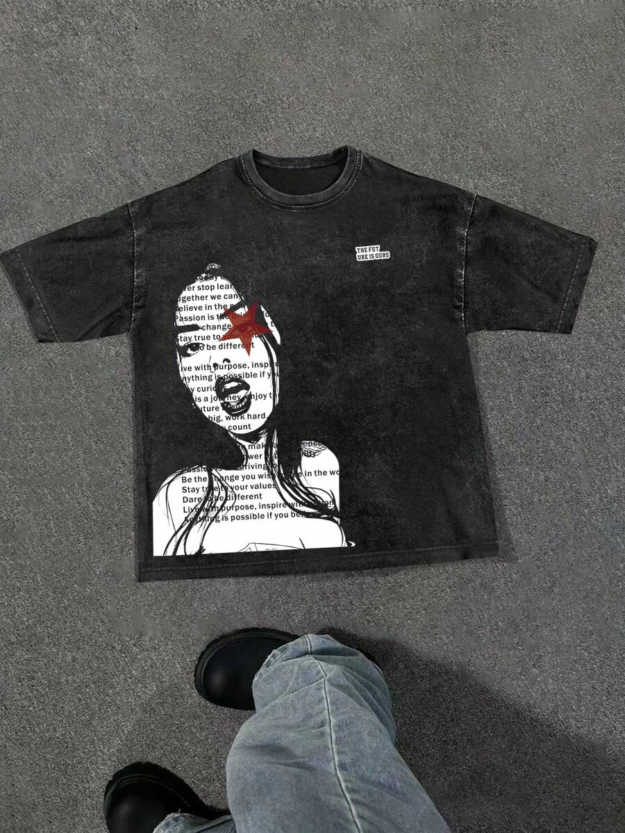 GENIUS ODE 男士休闲口号和人物图案印花圆领短袖 T 恤，夏季，送给朋友 - 黑色 - 查看 1