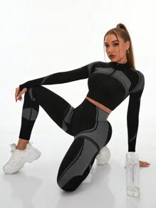 Easithlete Áo khoác yoga liền mạch và quần legging & Bộ đồ thể thao bó màu tập luyện cho nữ Bộ đồ tập luyện cho nữ Bộ quần legging cho nữ - màu đen - Xem 1