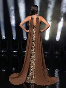 Glamrae Glamrae Elegant Beaded Leopard Print Strapless Chiffon Splice Mermaid Maxi Evening Gown - Coffee Brown - View 4