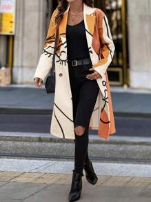 SHEIN LUNE 女士休闲抽象面部艺术图案常规大衣夹克秋冬季 - 彩色 - 查看 4