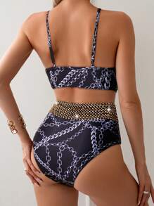 SHEIN Swim Bộ đồ bơi hở lưng dây đeo tròn cho nữ và quần bơi in họa tiết toàn thân mùa hè - Nhiều màu - Xem 2