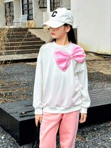 SHEIN Tween Girl' Casual Cute Loose Bow Decor Long Sleeve Sweatshirt - White - View 5