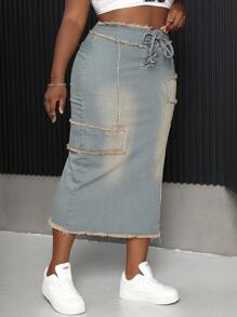 SHEIN SXY Plus Size Distressed Denim Skirt - Medium Wash - View 3