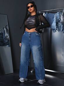 SHEIN ICON Plus Size Casual Washed Straight Leg Cargo Jeans - Blue - View 1