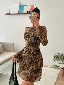 SHEIN EZwear 夏季性感豹纹露背喇叭袖网眼迷你连衣裙 - 棕色 - 查看 3