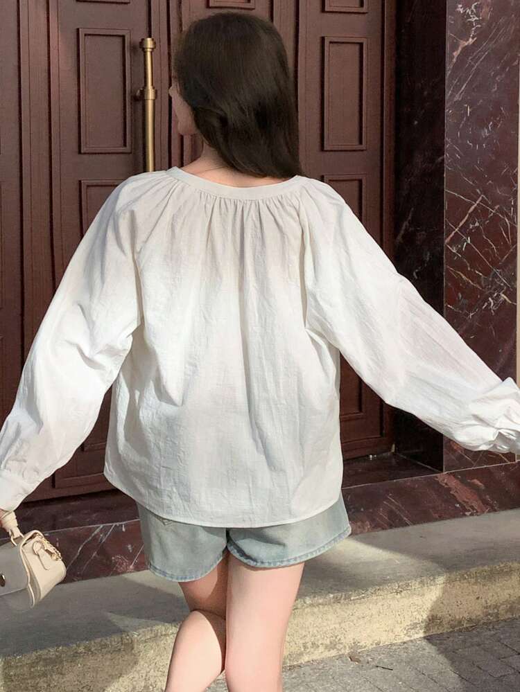 Solid Color Button Decor Long Sleeve Loose Tie Waist Women Shirt,Fall Clothes