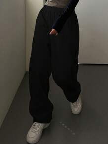 DAZY 女士弹力腰直筒休闲时尚街头风黑色运动裤，保暖内衬秋冬女士慢跑裤 - 黑色 - 查看 5