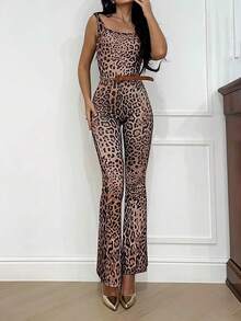 SHEIN Privé Phụ Nữ Thanh Lịch Gợi Cảm Kỳ Nghỉ Thời Trang Vintage Họa Tiết Da Báo Hở Lưng Bodycon Jumpsuit - màu nâu - Xem 5