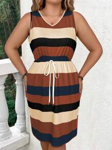 EMERY ROSE Plus Size Casual Colorblock Striped Sleeveless Waisted Dress For Summer - Brown - View 6