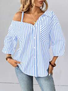 SHEIN Essnce Women's Casual Asymmetrical Shoulder Striped Blouse, Spring Summer