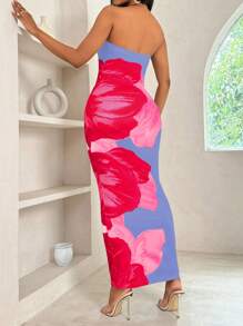 BamGleam 花卉印花紧身连衣裙，适合夏季长款女装 - 藍色 - 查看 2