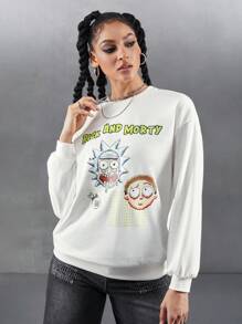 Rick and Morty X SHEIN 1 pièce Sweatshirt ample à encolure ras du cou, avec personnage de dessin animé et imprimé de lettre, avec épaules tombantes, style casual, pour femmes, printemps et automne