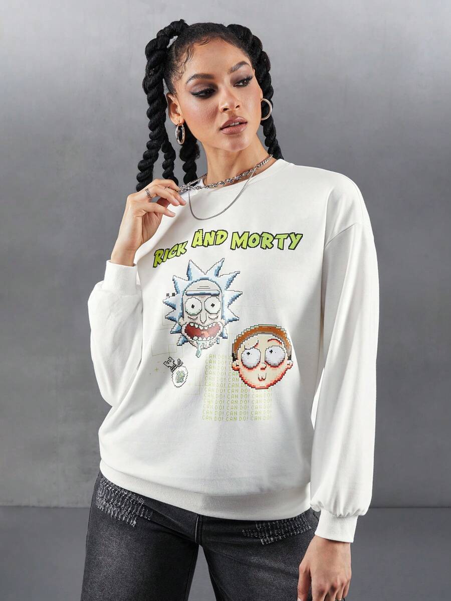 Rick and Morty X SHEIN 1 pièce Sweatshirt ample à encolure ras du cou, avec personnage de dessin animé et imprimé de lettre, avec épaules tombantes, style casual, pour femmes, printemps et automne