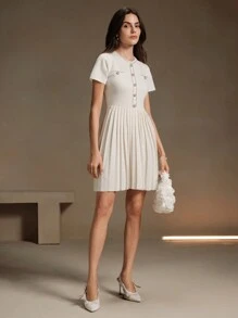 Anewsta Delicate Ruffled Waist Cinching Beige Knitted Party Dress For Ladies - Beige - View 5