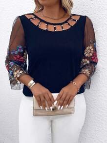Blusa casual de talla grande para mujer con contraste de malla bordada con flores para primavera y verano - Azul Marino - Ver 4