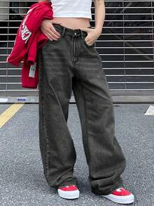 Women Loose Straight Leg Jeans - Grey - View 1