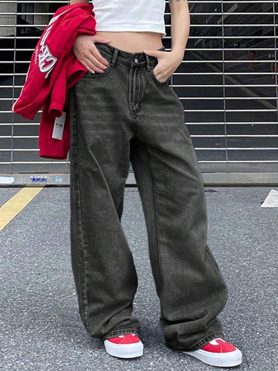 Women Loose Straight Leg Jeans - Grey - View 1