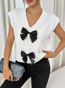 Chiquease Women's Colorblock Bow Decorated Casual Short Sleeve Sweater Vest