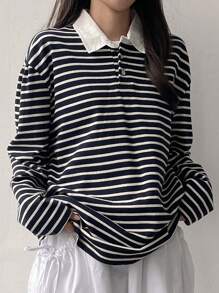 DAZY 女士条纹 Polo 领长袖 T 恤，秋季 T 恤 - 黑與白 - 查看 2