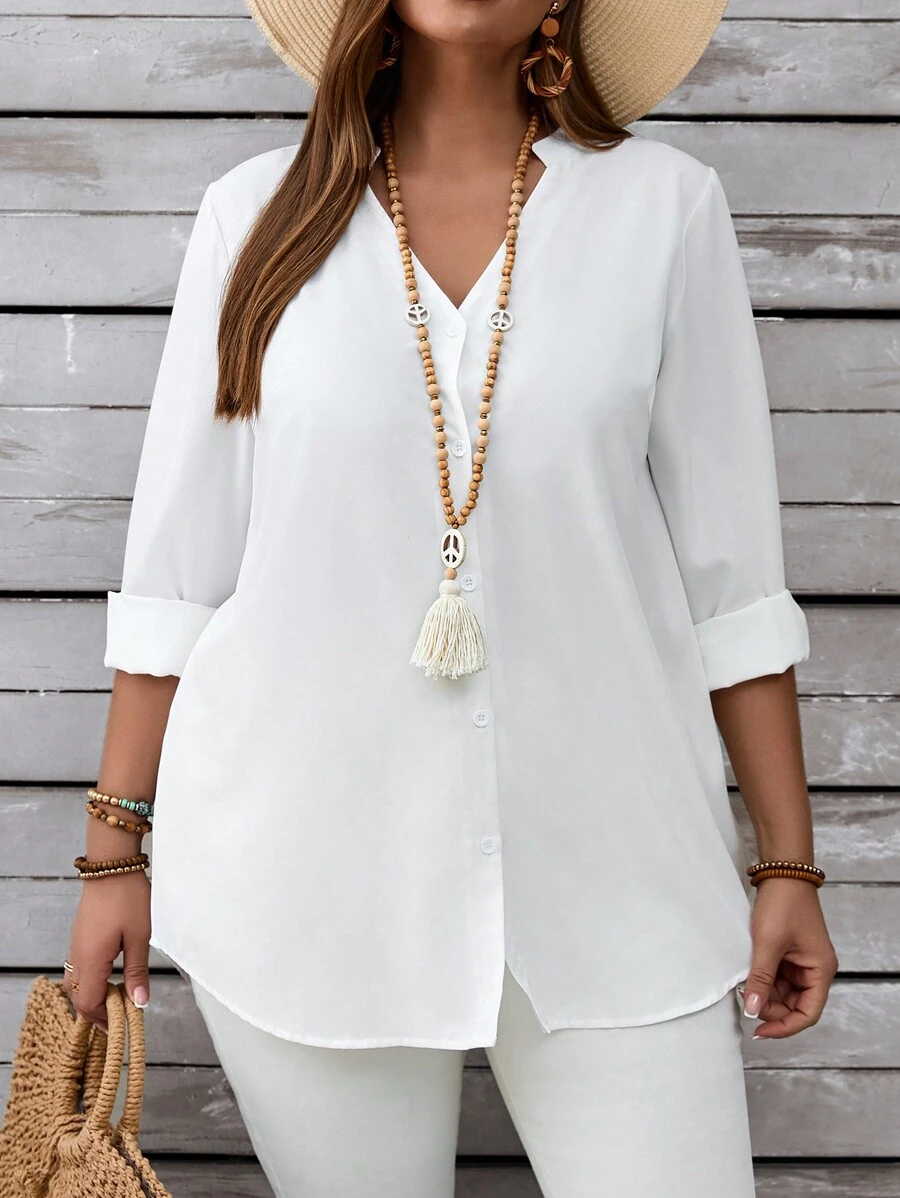EMERY ROSE Plus Size Women's Casual V-Neck Button-Up Long Sleeve Shirt, Autumn/Winter - White - View 1