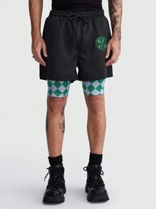 ROMWE MEN Harry Potter | ROMWE Quần short nam 2 trong 1 có dây rút ở eo có huy hiệu hình con rắn và họa tiết Argyle, trường học - Nhiều màu - Xem 5
