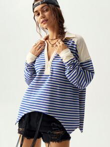Bohemela Camiseta de manga larga holgada con escote delantero abierto, de punto a rayas azules y blancas, con bajo asimétrico, para mujer, otoño