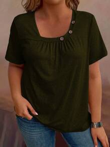 EMERY ROSE Plus Size Women's Solid Simple Casual Short Sleeve T-Shirt - Army Green - View 3