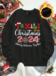 1件女士时尚休闲圣诞标语印花抓绒卫衣，适合家庭圣诞派对，长袖套头衫，秋季必备。 - 黑色 - 查看 3