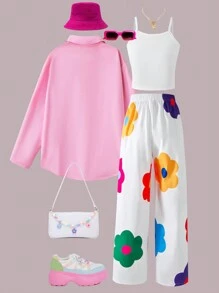 SHEIN Bộ 3 món Tween Girls - Áo dài tay màu hồng, quần ống rộng in hoa màu trắng và áo hai dây có gân - Nhiều màu - Xem 2